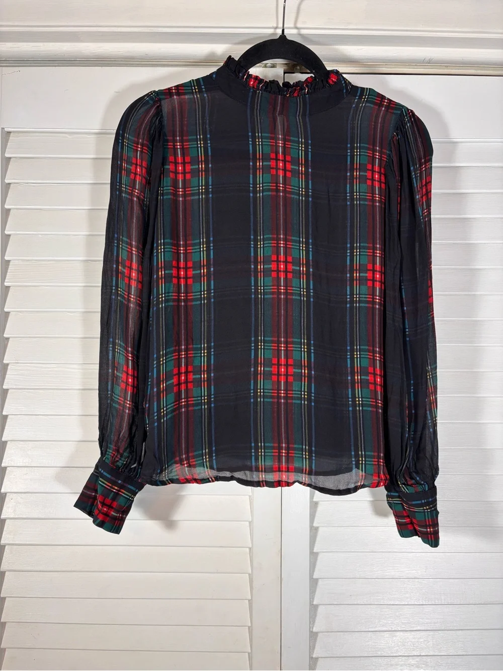 J.Crew Ruffleneck Top Stewart Tartan Chiffon XS Plaid Holiday Red Green Sheer